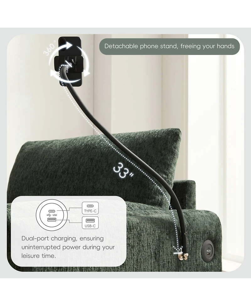 Streamdale Furniture 38" Sofa w/ Storage Ottoman, Usb, Phone Holder, Pockets, Wide Chaise, Chenille