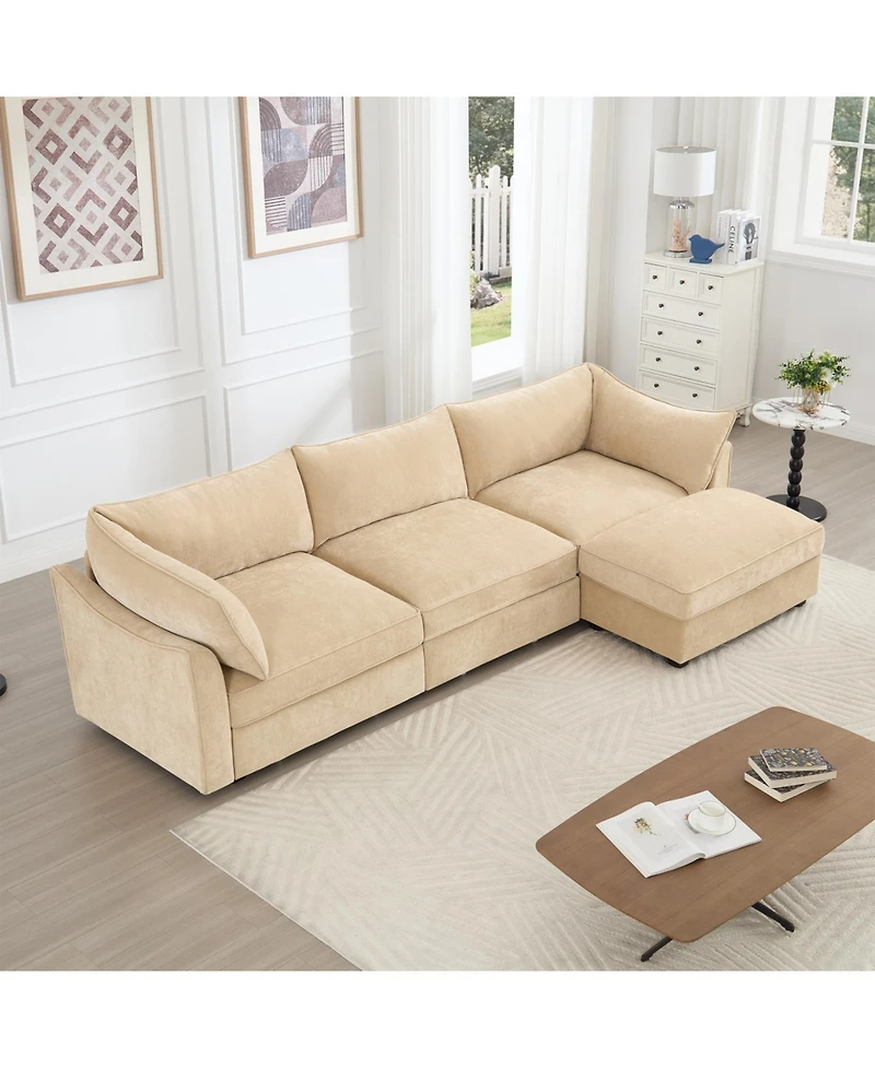 Streamdale Furniture L-Shaped 3-Seater Chenille Sofa with Footstool - Wheat