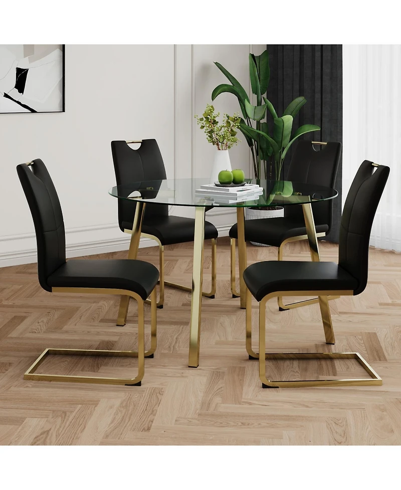 Streamdale Furniture Glass Circle Table Pu Dining Chair Set (5)
