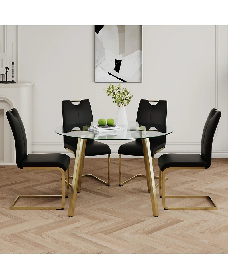 Streamdale Furniture Glass Circle Table Pu Dining Chair Set (5)