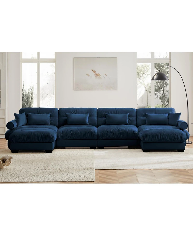 Streamdale Furniture U Shaped Sectional Cloud Couch, Movable Ottomans, Velvet, Blue