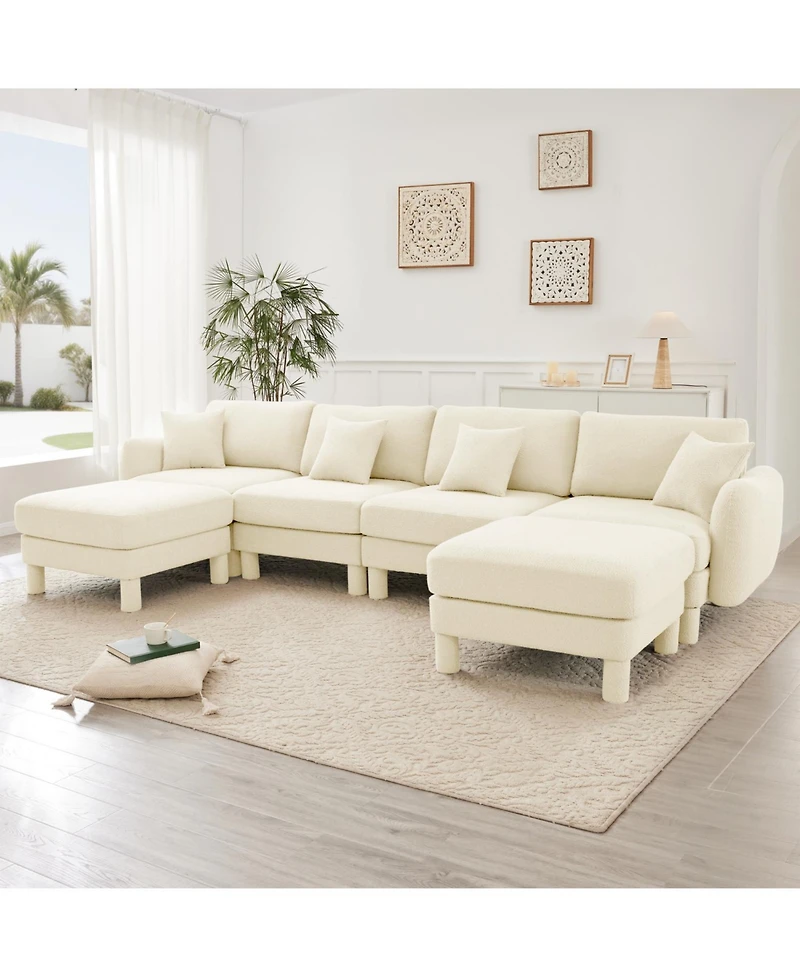 Streamdale Boucle U-Shape Sectional Sofa with Shell Armrests & Ottomans - Beige