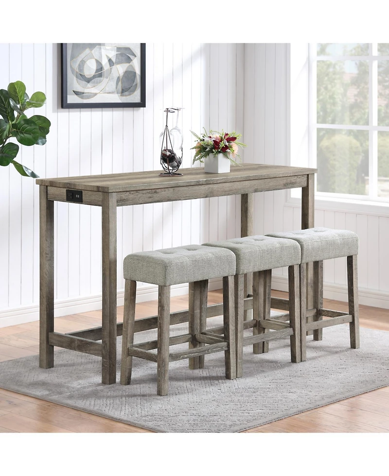 Streamdale Furniture Bar Table & Chairs Set w/ Power Outlet - 4 Piece Dining Set