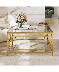 Streamdale Furniture Square Glass Coffee Table, Gold Geometric Frame, Lower Shelf