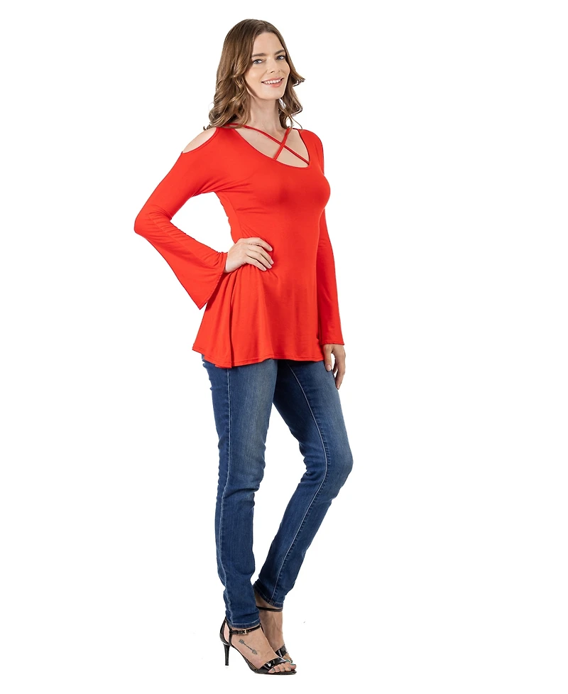 24seven Comfort Apparel Women's Criss-cross Cold Shoulder Long Sleeve Top