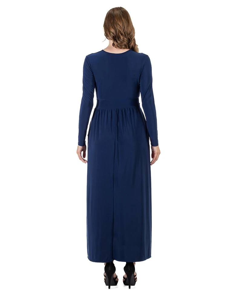 24seven Comfort Apparel Women's Long Sleeve V-neck Side Slit Maxi Dress