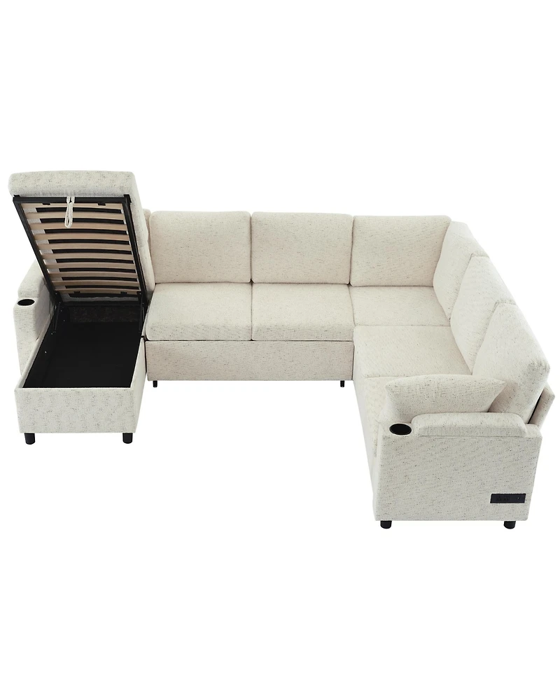 Streamdale Furniture 109.9" U-Shaped Sectional Sofa Bed with Storage, Cup Holders & Charging