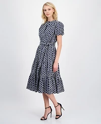 T Tahari Women's Embroidered Tie-Waist Midi Dress