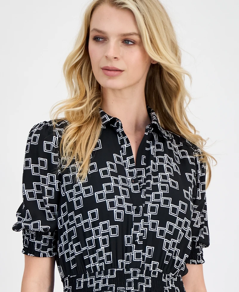 T Tahari Women's Printed Collared Midi Dress