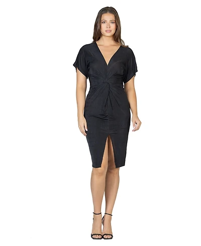 24seven Comfort Apparel Women's Short Sleeve V-Neck Twist Front Split Hem Dress