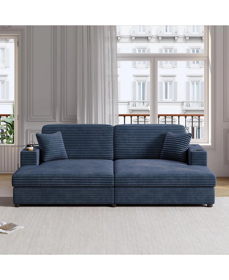 Streamdale Furniture Oversized Corduroy Loveseat Chaise Lounge with Usb Ports, Cup Holders, and Pillows