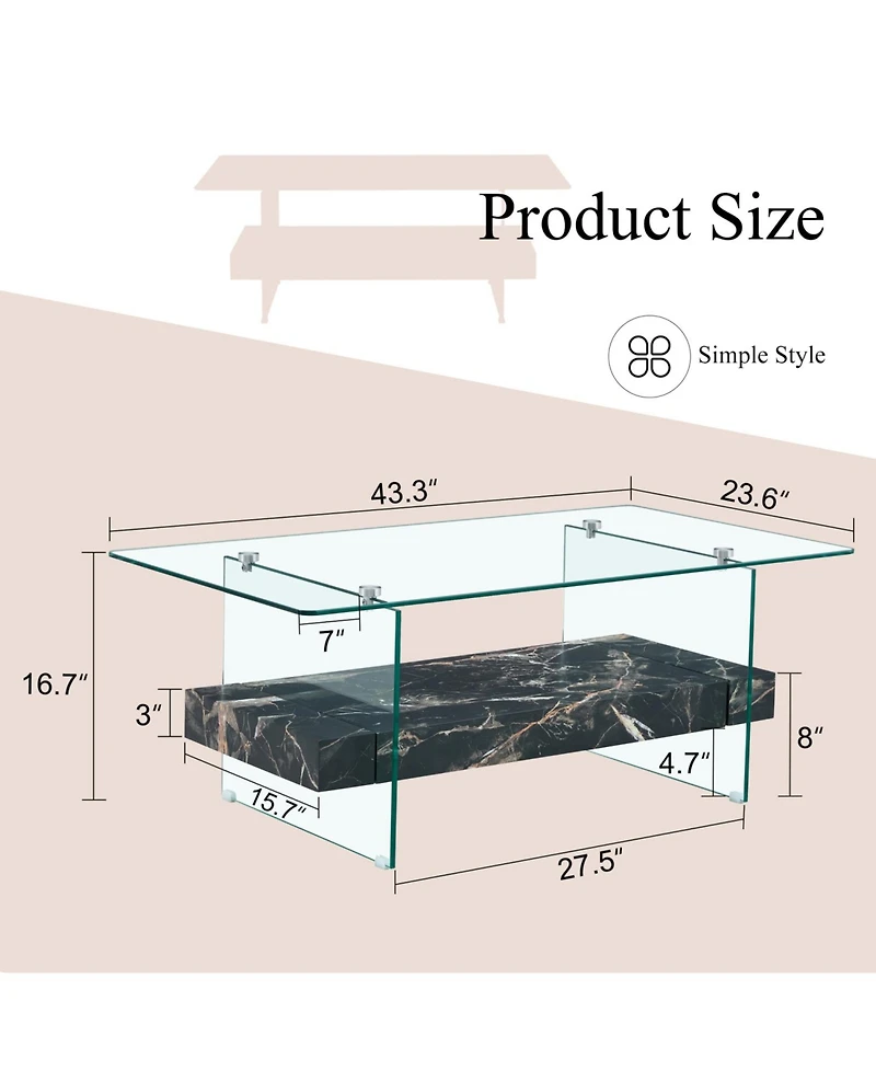 Streamdale Furniture Streamdale Modern Two-Tier Coffee Table Glass and Marble Pattern
