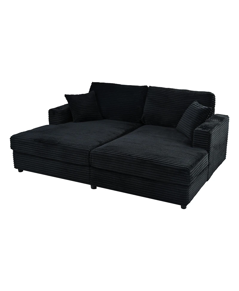 Streamdale Furniture Oversized Corduroy Loveseat Chaise Lounge with Usb Ports, Cup Holders, and Pillows