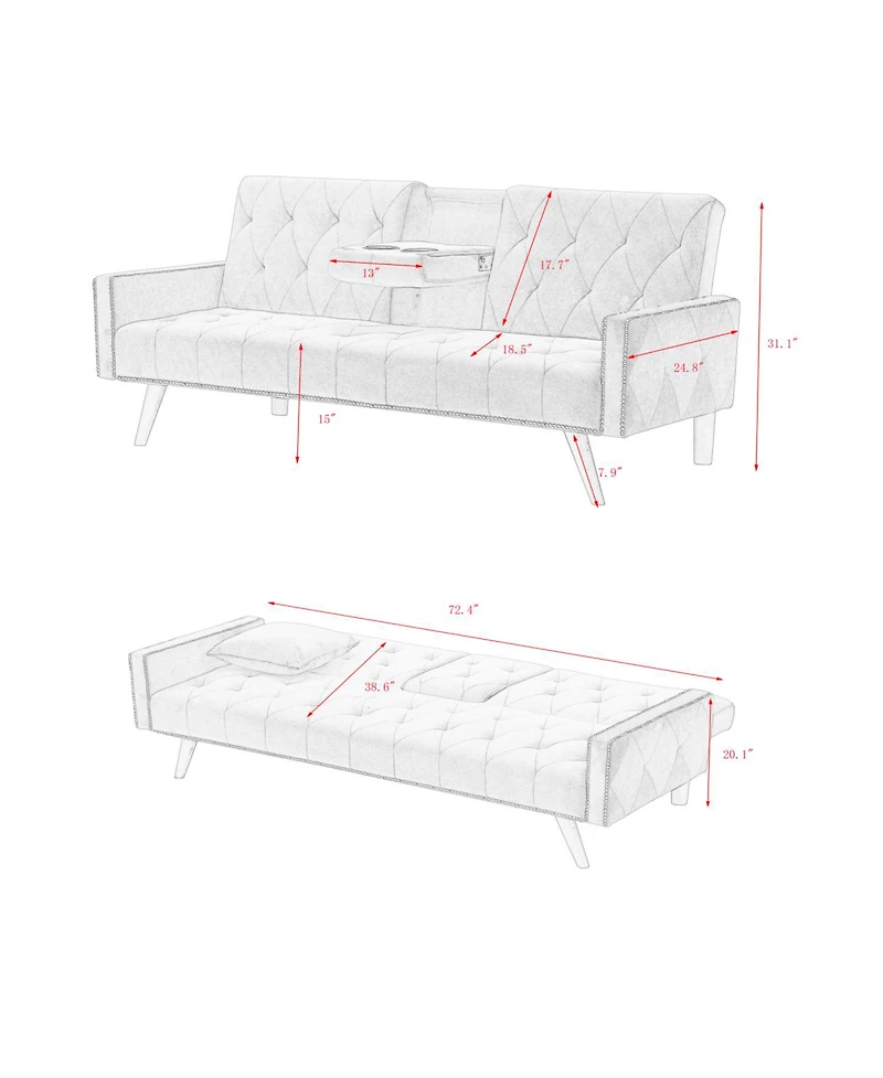 Streamdale Furniture Pink Velvet Sofa Bed with Nailhead Trim & Cup Holders