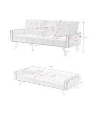 Streamdale Furniture Pink Velvet Sofa Bed with Nailhead Trim & Cup Holders