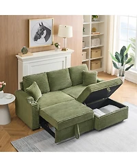 Streamdale Furniture 80" Corduroy Sofa Bed with Reclining, Footstool, & Cup Holders - Green