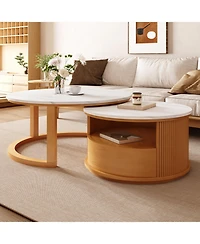 Streamdale Furniture Round Marble Top Nesting Coffee Table, 2-Tier Storage, Drawer, Natural, 28.5"