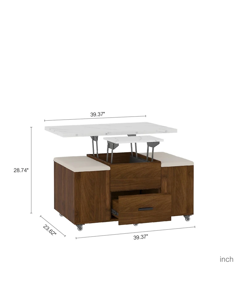 Streamdale Furniture Lift-Top Coffee Table with 4 Stools, Hidden Storage & Drawers