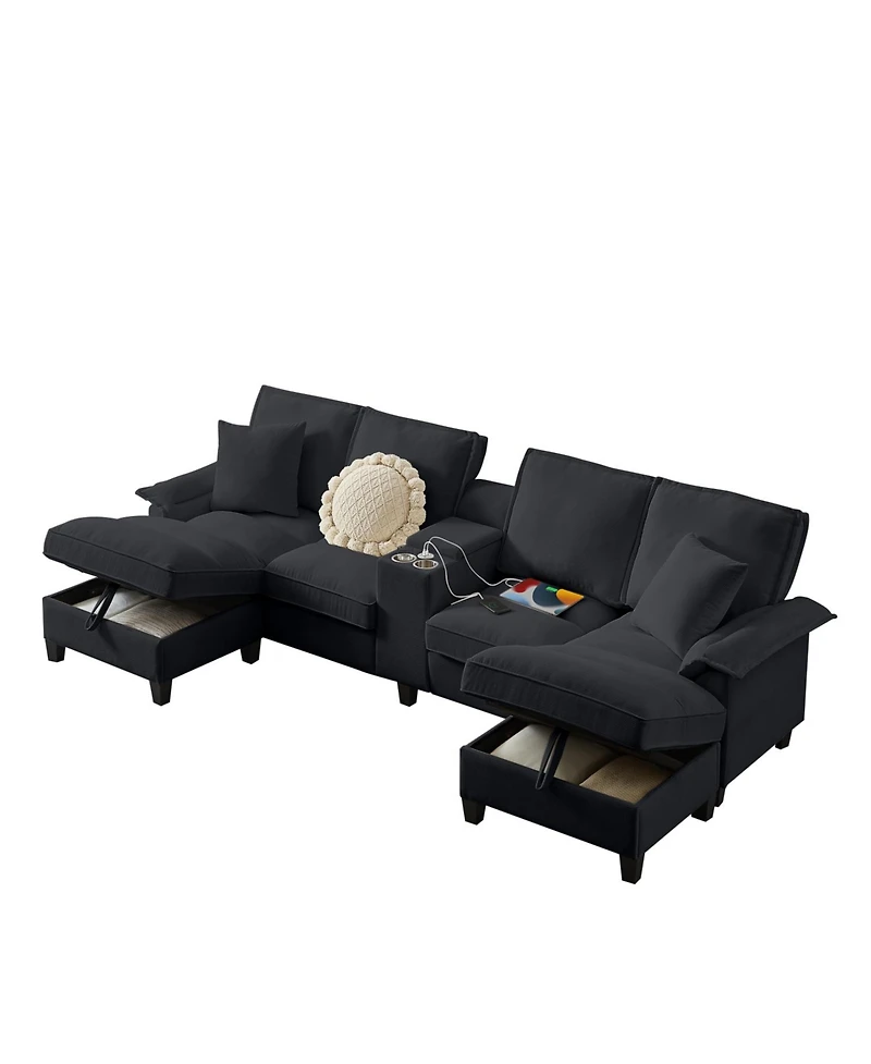 Streamdale Furniture Corduroy Sectional Sofa Bed w/Storage, U-Shape, 4-Seater, Cup Holders