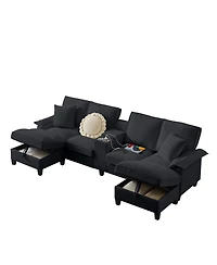 Streamdale Furniture Corduroy Sectional Sofa Bed w/Storage, U-Shape, 4-Seater, Cup Holders