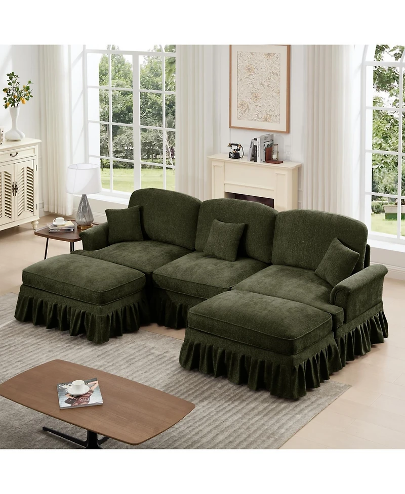 Streamdale Furniture Comfy Modular U-Shape Chenille Sectional Sofa with Ottomans - Green