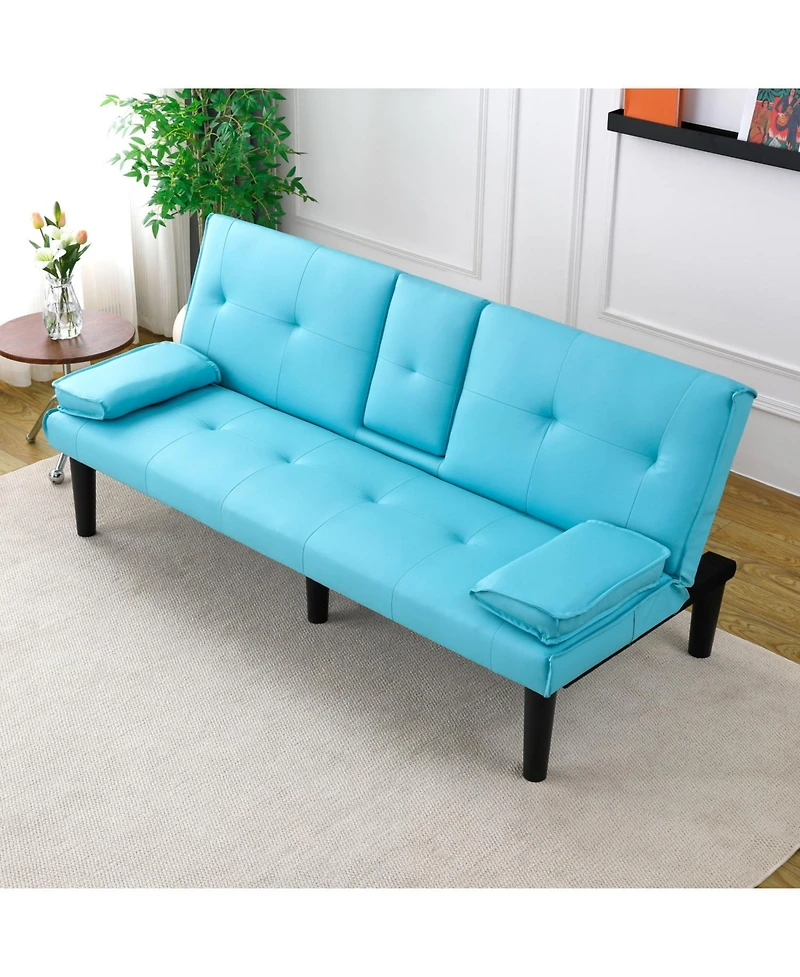 Streamdale Furniture 67" Blue Pvc Sofa Bed - Foldable with Cup Holder