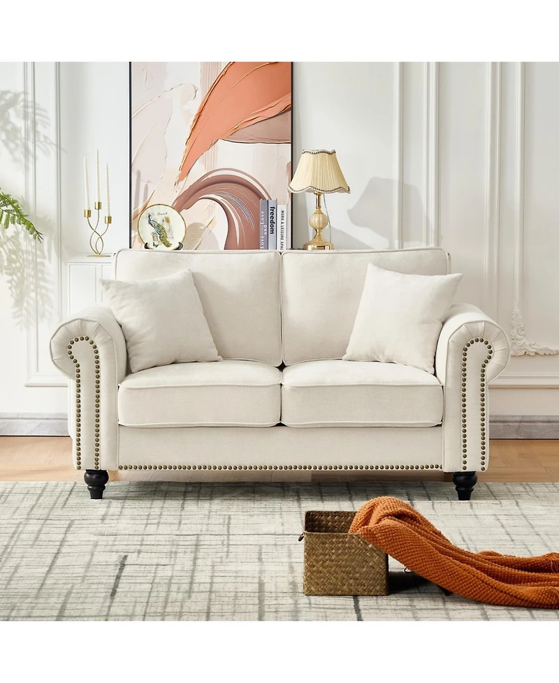 Streamdale Modern 3+2 Seater Chenille Sofa, Rolled Arms, Nailhead Trim - Beige