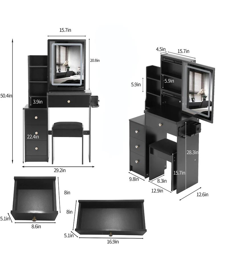 Streamdale Furniture Streamdale Vanity Table, Stool, and Led Mirror with Power Station