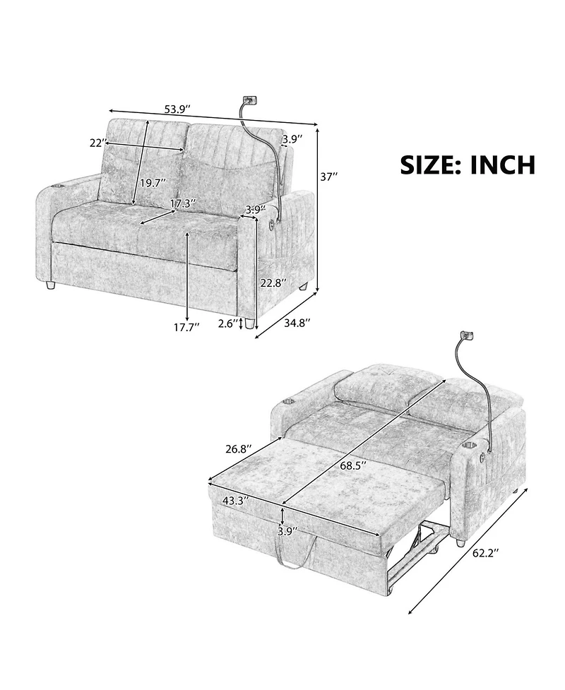 Streamdale Furniture Modern Loveseat Sofa Bed with Pull-Out, Storage, and Ports