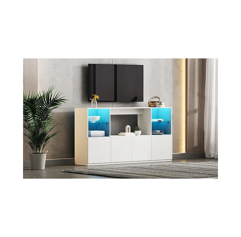 Streamdale Furniture High Gloss Tv Stand with Led Lights, Large Storage & Tempered Glass Shelves (Black, 67"Wx13.7"D)