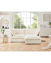 Streamdale Furniture Slipcovered Sectional 2-Seater with Convertible Ottoman and Soft Pillows, Corduroy Fabric, Cream