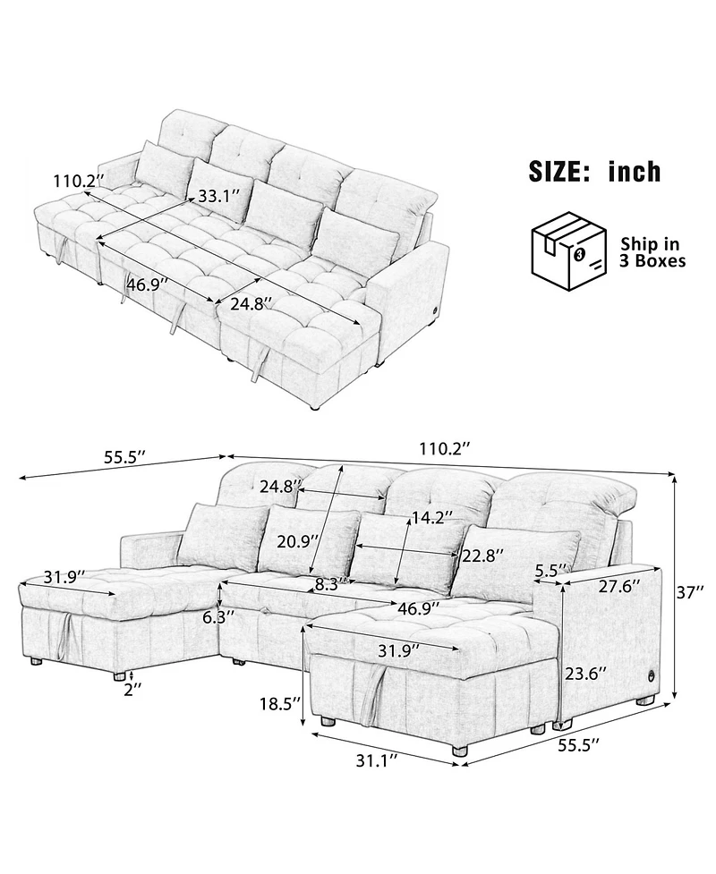 Streamdale Furniture Oversized Sectional Sofa Bed with Storage and Usb Ports