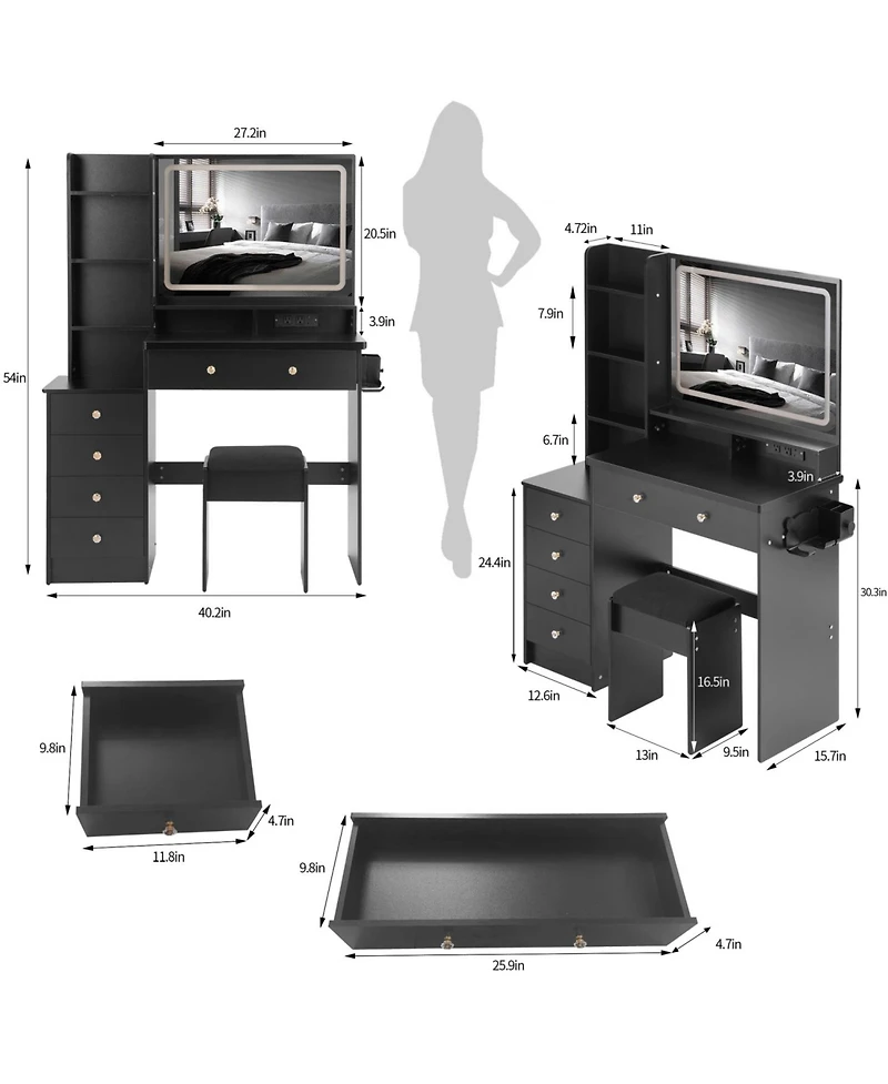 Streamdale Furniture Large Vanity Table with Charging Station and Led Mirror (41