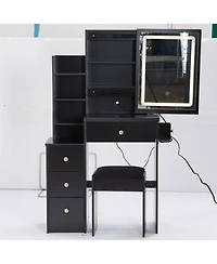 Streamdale Furniture Multifunctional Bedside Vanity Table with - Led Mirror- Power Station- Hair Dryer Bracket- Cushioned Stool- Tri-Color Lighting