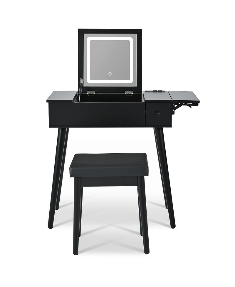 Streamdale Furniture 28" Black Vanity Desk with Flip-Top Mirror, Led Light, Charging Station, Drawers, and Stool