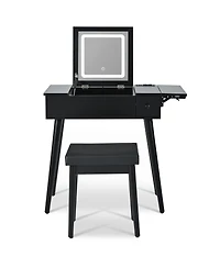 Streamdale Furniture 28" Black Vanity Desk with Flip-Top Mirror, Led Light, Charging Station, Drawers, and Stool