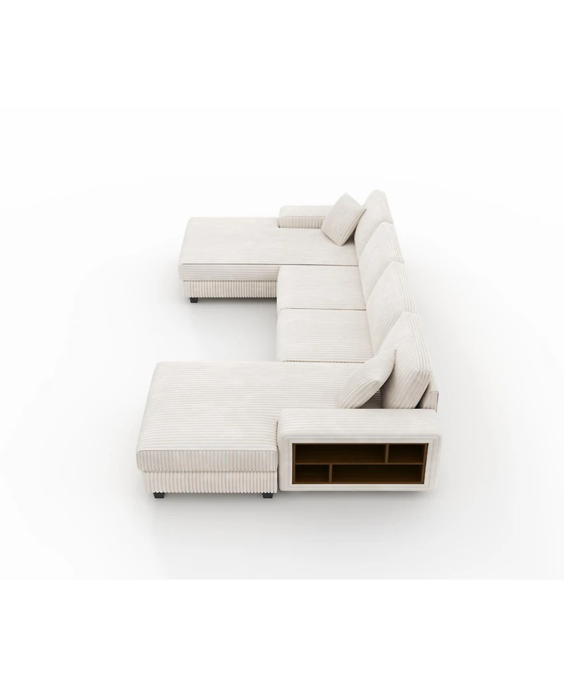 Streamdale Furniture Streamdale Modern 4-Seat Convertible Sofa-Lounge Chair, U-Shape, Beige Corduroy Fabric