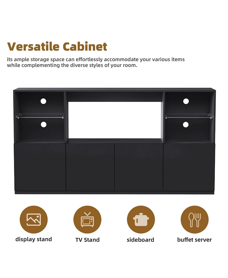 Streamdale Furniture High Gloss Tv Stand with Led Lights, Large Storage & Tempered Glass Shelves (Black, 67"Wx13.7"D)