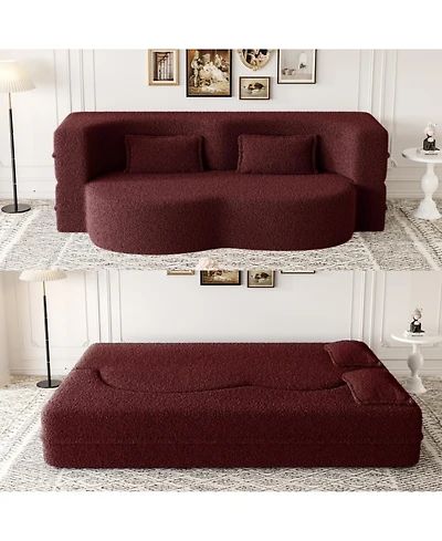 Streamdale Furniture Teddy Fabric Convertible Sleeper Sofa Bed with 2 Pillows - Burgundy