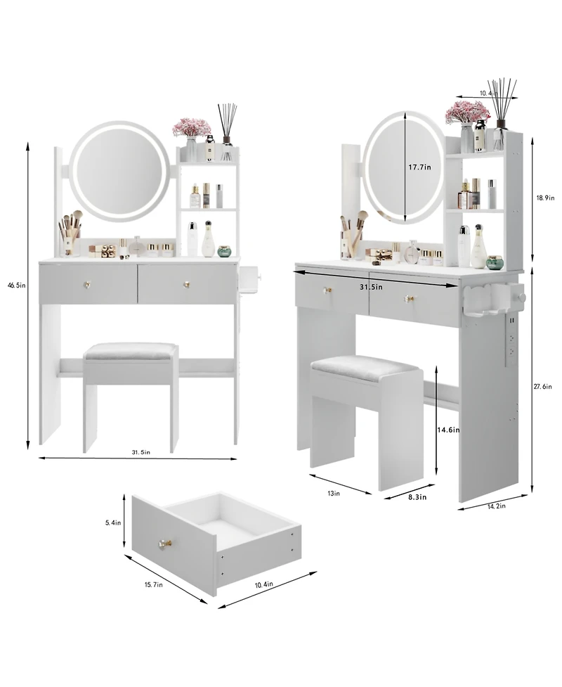 Streamdale Furniture 17" Led Vanity Table Set Touch 3 Colors Storage & Power