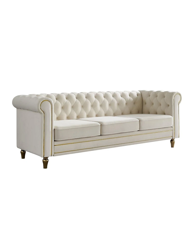 Streamdale Furniture Chesterfield Velvet Sofa 84.65 inch for Living Room Beige Color