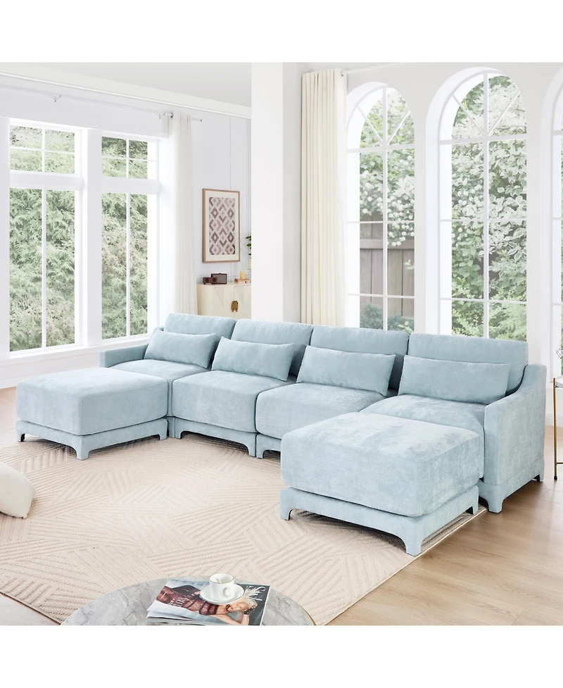 Streamdale Furniture Sky Blue Chenille 4-Seater Sofa with Ottoman