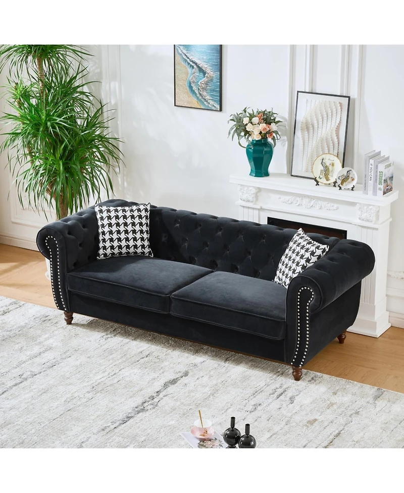 Streamdale Furniture 87" Chesterfield Velvet Sofa, Roll Arm, Nailhead Trim, 3 Seater