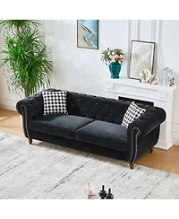 Streamdale Furniture 87" Chesterfield Velvet Sofa, Roll Arm, Nailhead Trim, 3 Seater