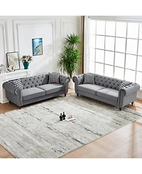 Streamdale Furniture Chesterfield Velvet Sofa Set, Roll Arm, Nailhead Trim, Mid-Century Modern, Gray