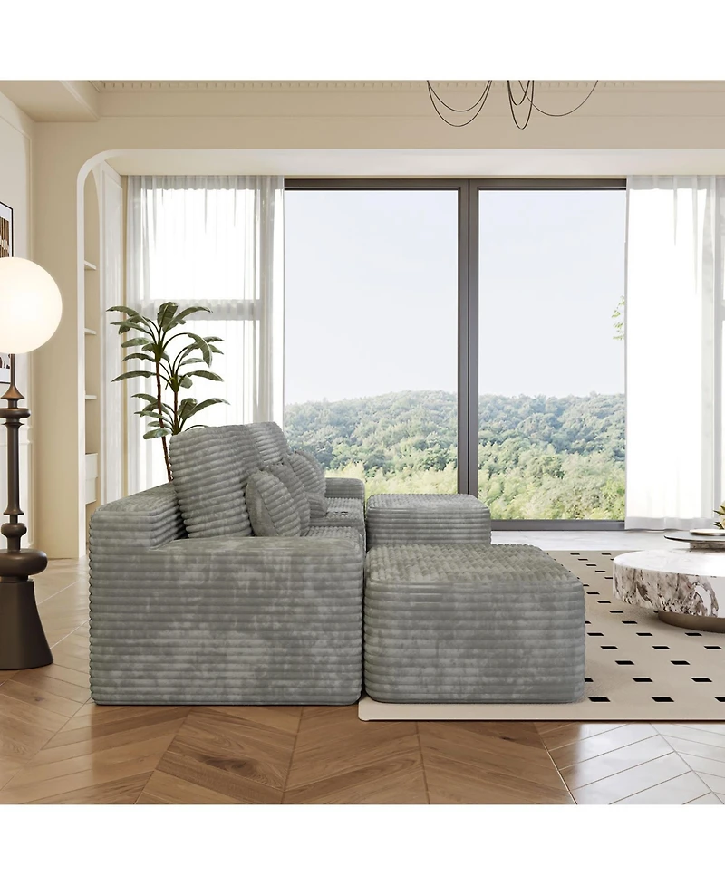 Streamdale Furniture 150" Sectional Sofa with 2 Ottomans, Light Grey Corduroy