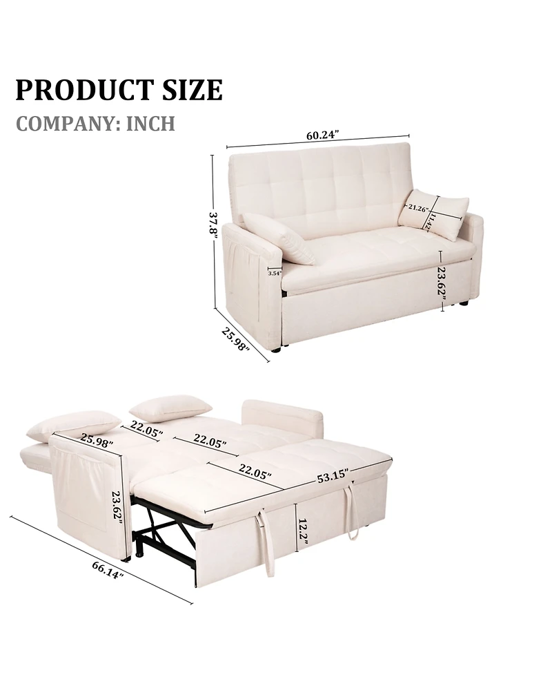 Streamdale Furniture 61" Fabric Sofa Bed with Storage Pockets & Adjustable Back