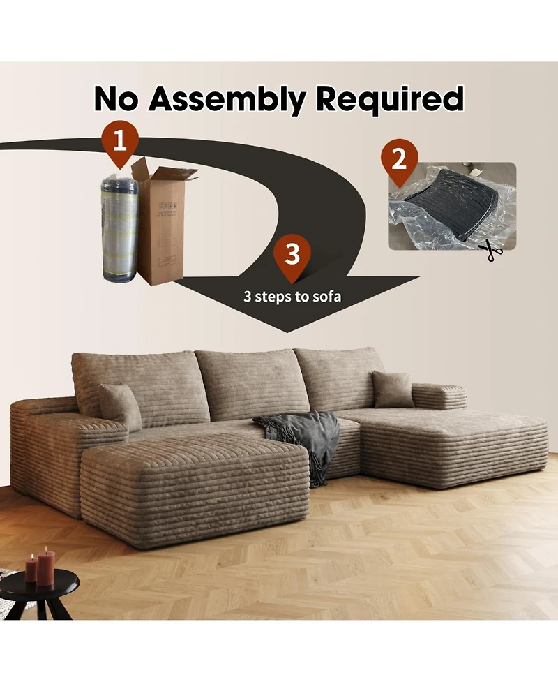 Streamdale Furniture 107" Cloud Sectional Sofa with Ottoman, Modern Upholstered Couch, Camel Corduroy