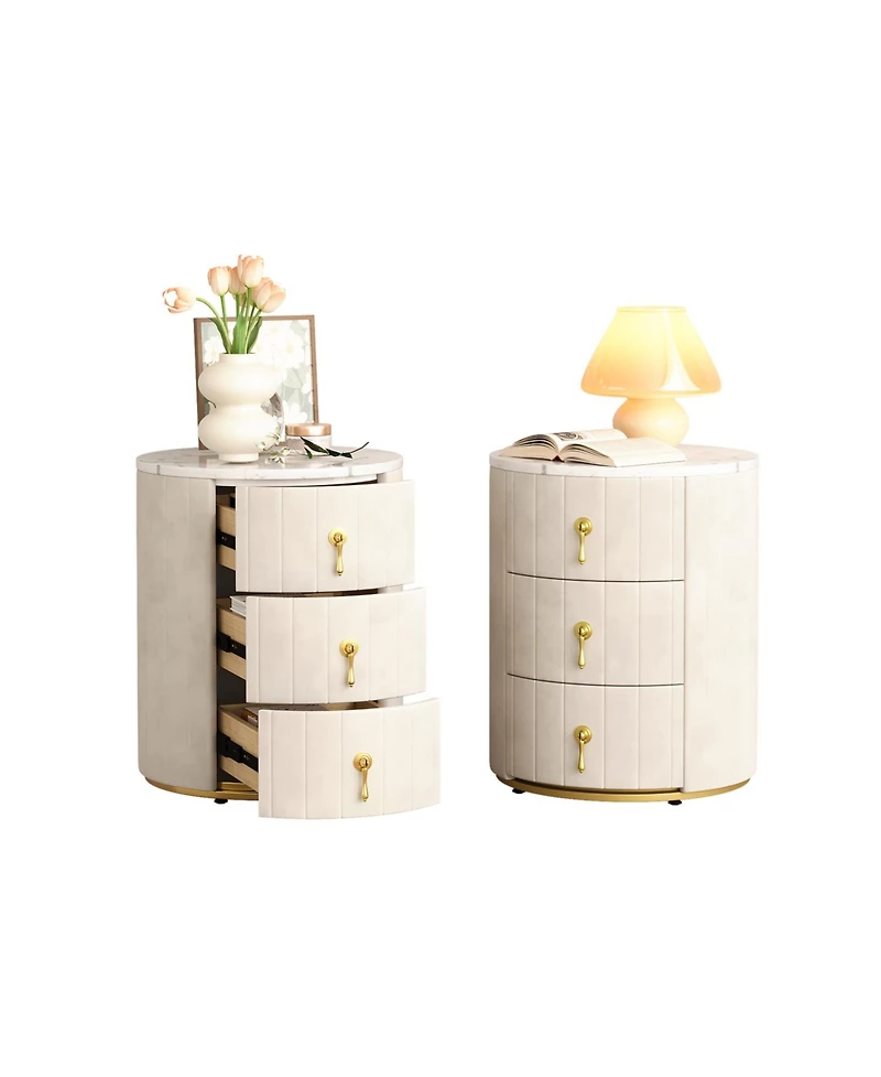 Streamdale Furniture Upholstered Nightstand 2 Set, 3 Drawers, Round, Beige