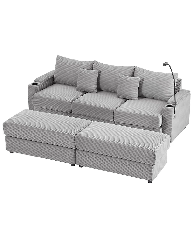 Streamdale Furniture Modern 3-Seater Sectional Sofa w/ Storage, Ottomans, Usb, Cup Holders - Grey